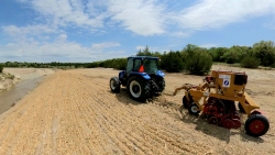 Tractor planting seeds in field